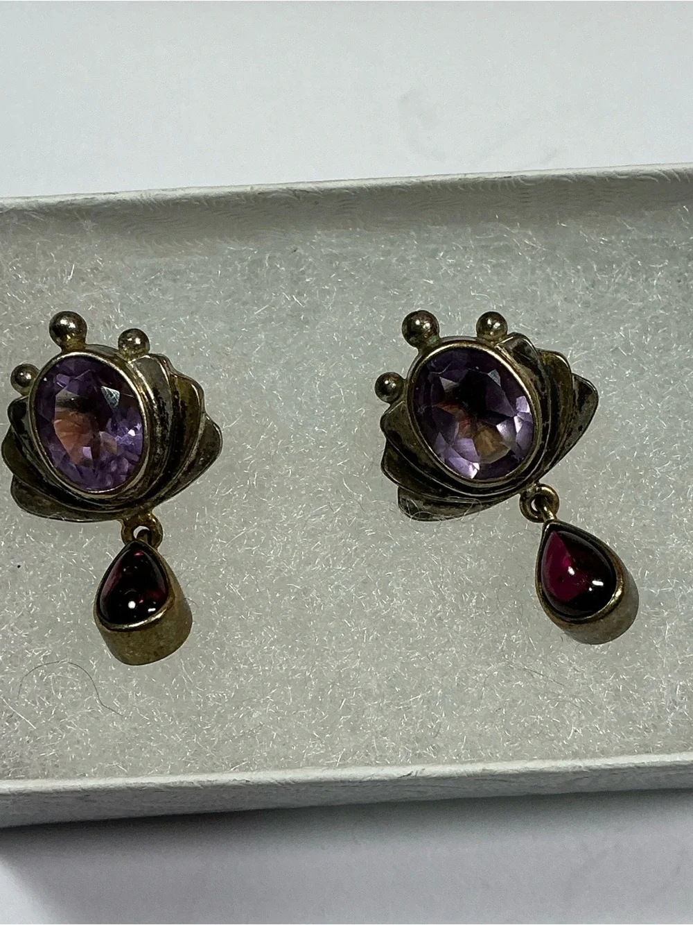 Vintage Sterling Silver Yossi Ezra Studio “ YES “ Earrings W/ Purple & Red ston.